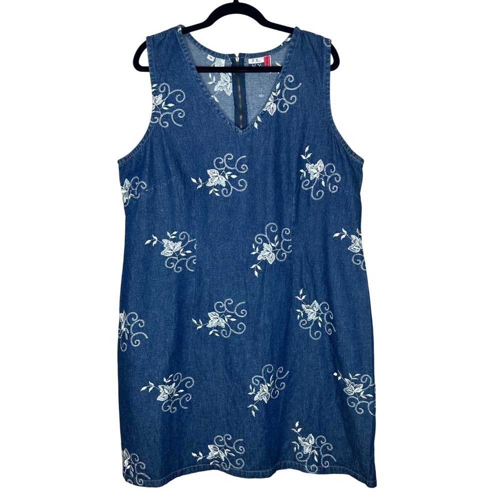 JL NY Y2K‎ Denim Dress Sleeveless Embroidered Blue Plus Size 1X Boho Cottagecore